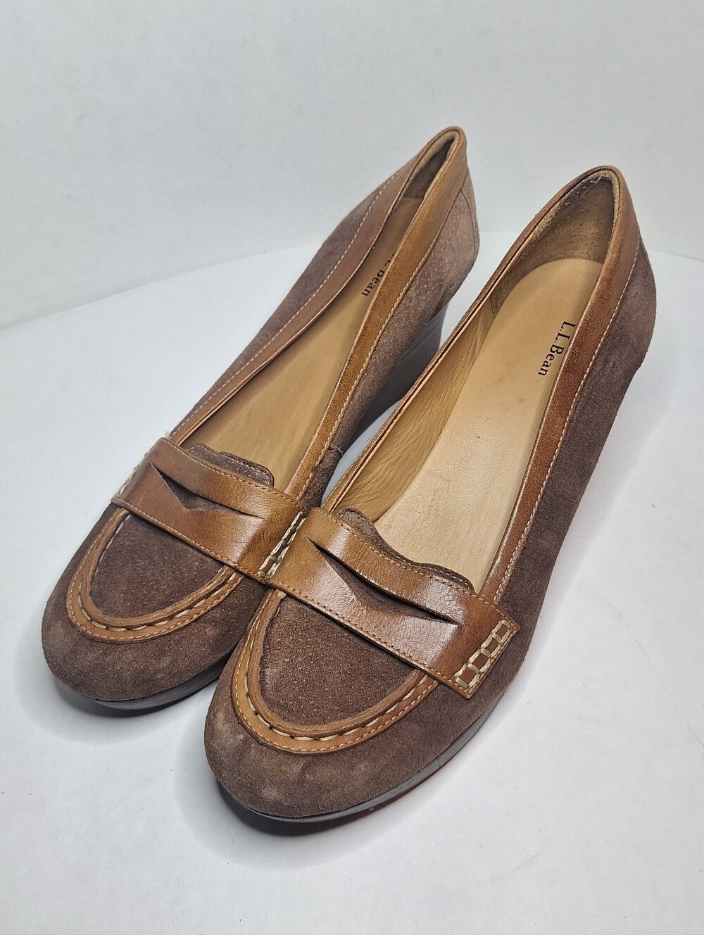 L.L. Bean Shoes Taupe Brown Suede Leather Wedge Penny Loafers Slip On Sz US 11 M